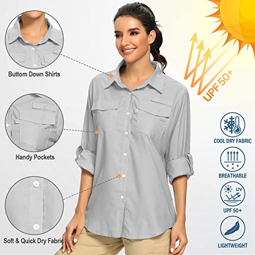 Women's Fishing Shirt UPF 50 Hiking Shirt SPF Quick Dry Long Sleeve Shirt Sun Protection Button Up,F5026,Grey,XS
