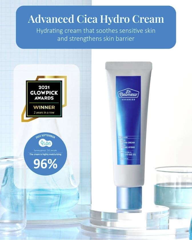 DR. BELMEUR Advanced Cica Hydro Cream (2fl oz) - Soothing, Barrier-Strengthening Face Moisturizer for Sensitive Skin. Korean Skin Care. Centella Asiatica, Hyaluronic Acid.