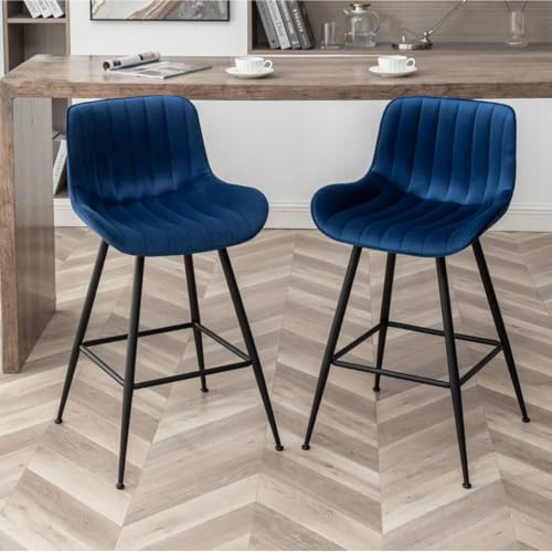 Whiterye Bar Stools Set of 2 - Luxury Bar Stools Counter Height Bar Stools 24 Inch Seat Height Upholstered Velvet Barstools Blue Bar Stools for Kitchen Island, Home Bar, Bar Pub (Blue).