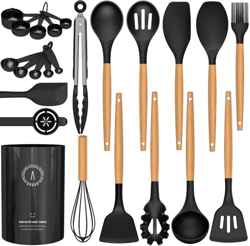 Silicone Cooking Utensils Set - Silicone Kitchen Utensils for Cooking Wooden Handles, 446°F Heat Resistant Kitchen Utensil Spatula Sets w Holder, Gadgets for Non-Stick Cookware BPA FREE (Black)