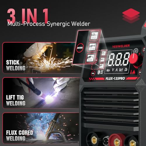 YESWELDER 135Amp MIG Welder,110V Flux Core Welder Flux MIG/Lift TIG/Stick 3-in-1 Large LED Digital Display Welding Machine IGBT Inverter Welder FLUX-135PRO