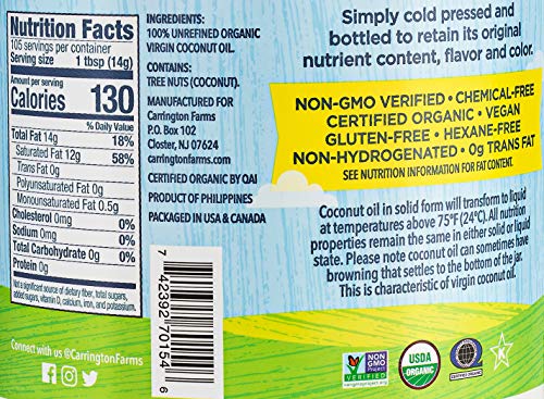Carrington Farms Organic Virgin Cold Pressed Coconut Oil for Cooking, Nutrient Dense, Unrefined, Perfect for Baking or Sauteing Vegetables, 54 Fl Oz