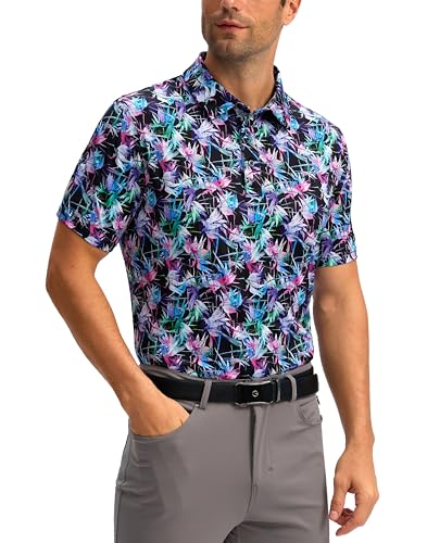 Obla Golf Shirts for Men Dry Fit Short Sleeve Print Stripped Performance Moisture Wicking Collared Golf Polo Shirts(Motley Leaf_S)
