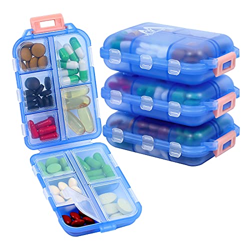 4PS Travel Pill Organizer with 164 Slice Labels,10 Compartments Travel Pill Box Portable Folding Small Pill Case Daily Pill Container Used for Carry Storage Medicine Organizer by M MUchengbao (Blue)