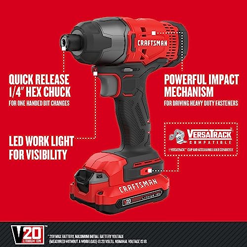 CRAFTSMAN 20V MAX Impact Driver Kit, 1/4 Inch, 2,800 RPM, LED Work light, Battery and Charger Included (CMCF800C1)