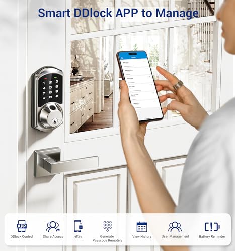 Veise Fingerprint Smart Locks for Front Door with 2 Lever Handle Set, App Control, Keyless Entry, Electronic Digital Keypad Deadbolt, Auto Lock, Waterproof, Easy to Install, Satin Nickel