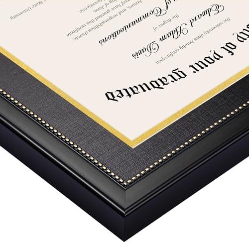 upsimples 11x14 Diploma Frame with High Definition Glass, Display 8.5x11 Certificate with Black over Gold Mat, Degree Document Frame for Wall and Tabletop, Black with Gold Beads, 1 Pack