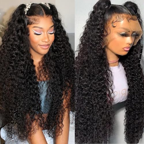 JADEFLO 20 Inch Water Wave Lace Front Wigs Human Hair Pre Plucked with Baby Hair 13x6 Water Wave Lace Frontal Wigs Human Hair 180% Density Curly Wigs for Women