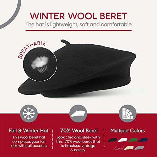 Black French Wool Beret Hat - Classic Stretchable - One Size Fits Most - Solid Color - Stylish Chic Parisian
