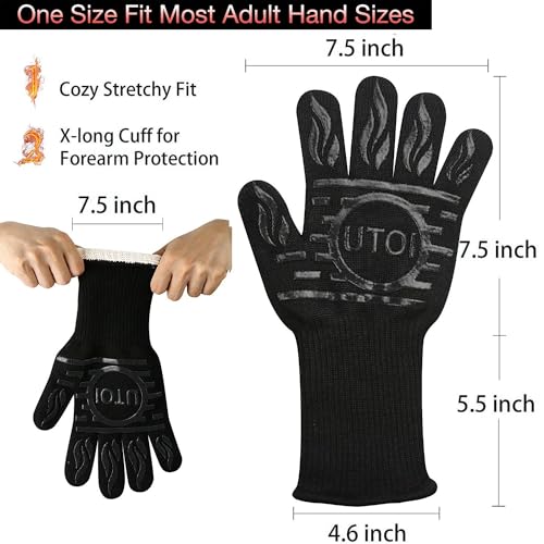 UTOI BBQ Grill Gloves, 1472°F Heat Resistant Barbecue Gloves Oven Mitts, Silicone Non-Slip Cooking Gloves for Kitchen, Grilling and Baking, EN407 Certified, 13 inch Long, Black, XL Size, 1 Pair