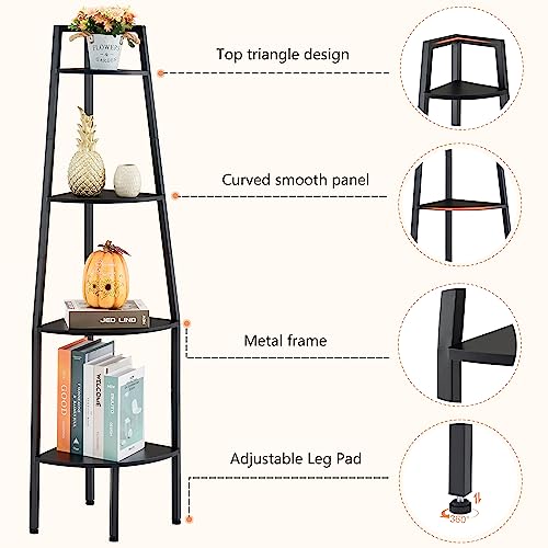 Hoctieon Corner Shelf, Industrial 4-Tier Corner Bookshelf, Rustic Corner Ladder Shelf, Corner Bookcase for Small Spaces, Corner Shelf Stand, Tall Corner Shelf, Black