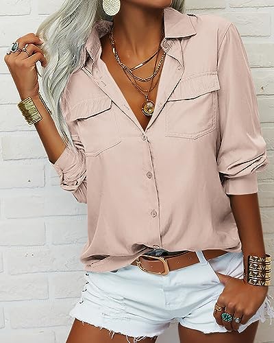 Veatzaer Womens Solid Lapel Long Sleeves Button Down Shirt Top Casual Basic Office Blouse Apricot