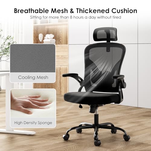 Farini Ergonomic Office Chair, Home Office Desk Chair with Headrest, High Back Computer Chair with Flip-up Armrests and Adjustable Lumbar Support for Home Office Study Room (with Headrest, All-White)