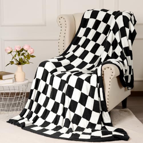 PHF Checkered Twin Blanket, Soft Knit Fluffy Aestheic Grid Blanket, Cozy Lightweight Checkerboard Fleece Blanket for Couch Bed Sofa, Sage Green, 60" x 80"