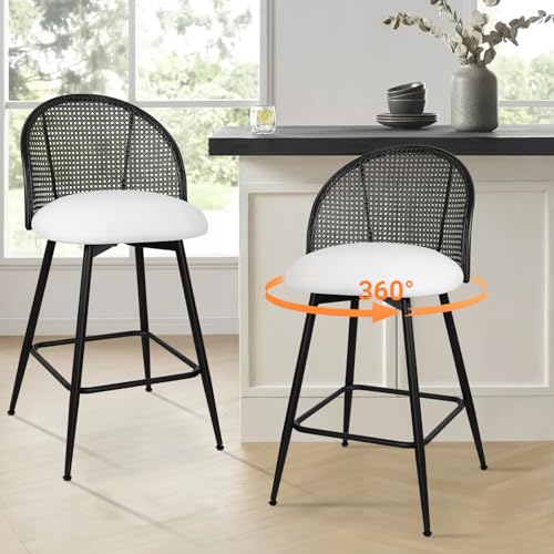 Bekrvio Counter Height Bar Stools Set of 2 Swivel Barstool with Black Rattan Cane Backs, 26" Boucle Fabric Upholstered Counter Stools for Kitchen Island, Boho Mid-Century Modern Bar Chairs, Black