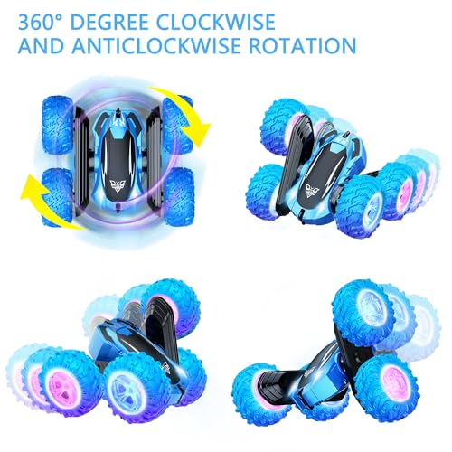 KKONES Remote Control car,2.4GHz Electric Race Stunt Car,Double Sided 360° Rolling Rotating Rotation, LED Headlights RC 4WD High Speed Off Road for 3 4 5 6 7 8-12 Year Old Boy Toys (Blue)