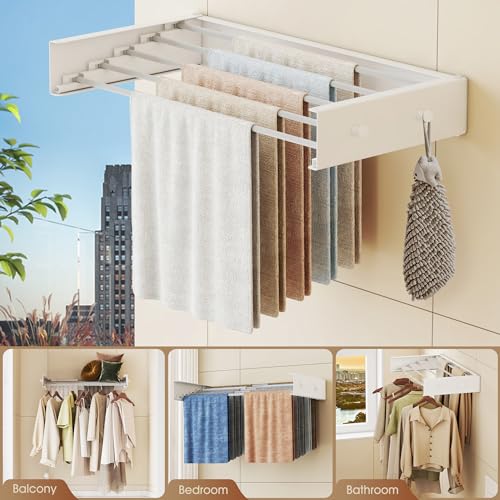 LIENAHU Drying Rack Clothing Upgrade,Clothes Drying Rack Wall Mounted,Laundry Drying Rack Wall Mount,Foldable,Collapsible,Retractable,5 Aluminium Poles,with Hooks,White