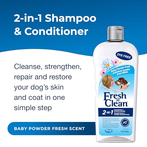 Pet-Ag Fresh ’n Clean 2-N-1 Conditioning Shampoo, Baby Powder Scent - 18 oz - Moisturizes with Vitamin E & Aloe Vera - Strengthens & Repairs Coats - Soap Free