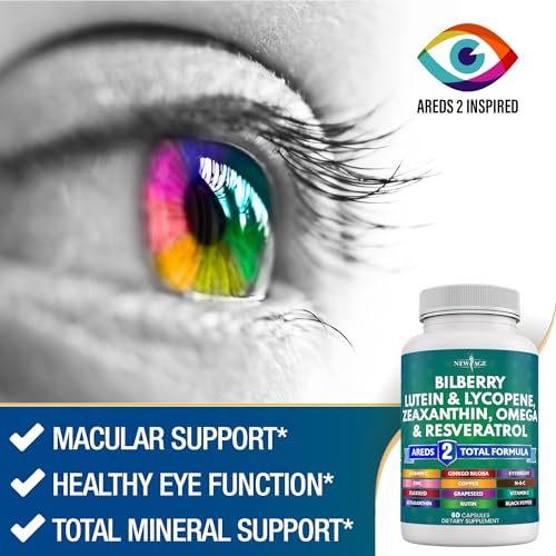 NEW AGE Eye Health Vitamins with Bilberry 6000mg Lutein & Zeaxanthin 40mg Lycopene 40mg Resveratrol 3000mg Grape Seed Extract 6000mg Astaxanthin - Eye Vitamin - 60 Count