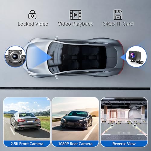 10.26" HD Portable Wireless Carplay & Android Auto Screen with 2.5K Dash Cam, Carplay Screen for Car Support Bluetooth,Mirror Link, Voice Control, GPS Navigation, 1080P Backup Camera+ 64G TF Card