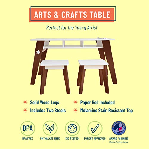 Wildkin Kids Arts and Crafts Table Set for Boys and Girls, Mid Century Modern Design Craft Table Includes Two Stools, Paper & Storage Cubbies Underneath Helps Keep Art Supplies Organized (Espresso)