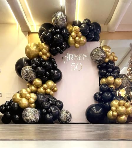 Bezente Black Gold Balloons Garland Kit, 100Pcs Black Gold Metallic Chrome and Gold Confetti Balloons Arch with Balloon Tape for Wedding, Birthday,Graduation,New Years,Special Events Party Decoration