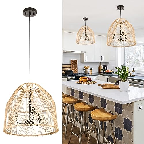 Rosient Farmhouse Rattan Pendant Light Fixture, 16 Inch Large Boho Handwoven Hanging Ceiling Mount Lamp Shade, 3-Light Rustic Wicker Chandelier for Kitchen Dining Living Room Bedroom Hallway Foyer
