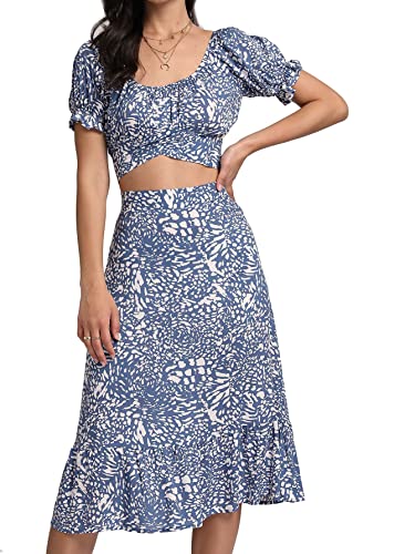 LYANER Women's 2 Piece Outfits Floral Self Tie Knot Crop Tops and Midi Skirt Set Solid Navy Large