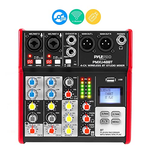 Pyle Studio Audio Sound Mixer Board - 4 Channel Bluetooth Compatible Professional Portable Digital DJ Mixing Console W/USB Mixer Audio Interface - Mixing Boards for Studio Recording
