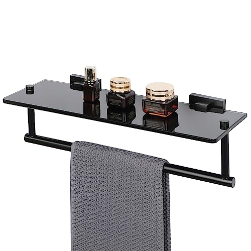 Alise Bathroom Shelves Glass Shelf with Bar,Wall Mount Floating Shelves for Bathroom,1 Tier Tempered Glass Holder Rack Storage Organizer,SUS304 Stainless Steel GOY6380-B Black