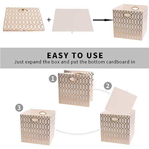 Posprica Storage Bins, Storage Cubes, 11×11 Fabric Drawers Organizer Basket Boxes Containers (11×11×11/4pcs, Cream/gold geometry Pattern)