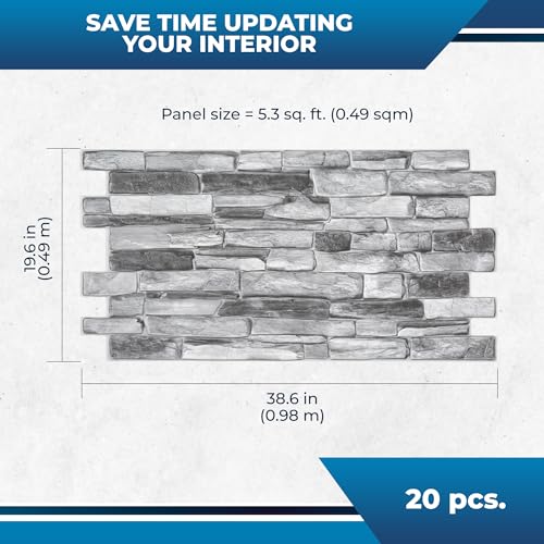 Smart Profile 3D Wall Panel - PVC Casted Faux Stone - 50 Sq Ft for Full Wall Interior Coverage - Heat, Scratch & Moisture Resistant Design for Home, Kitchen, DIY - Silver Slate - 38.6" x 19.6"
