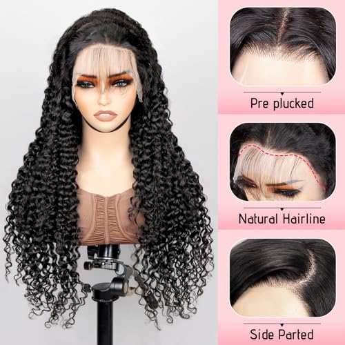 PIOPIC Lace Front Wigs Human Hair Water Wave Pre Plucked 13x6 Curly HD Transparent Lace Front Wigs with Baby Hair 200 Density Gluesless Human Hair Wigs for Women Natural Black Color 20 Inch