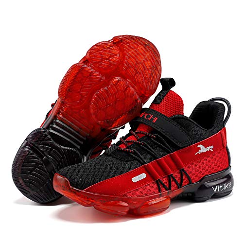 JMFCHI Boys Girls Kids' Sneakers Knitted Mesh Sports Shoes Breathable Lightweight Running Shoes for Kids Fashion Athletic Casual Shoes 12 Little Kid Black Red 8169K