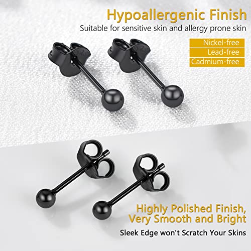 Sterling Silver Black Ball Stud Earrings Women 3mm Small Second Piercing Earrings Sensitive Ears Hypoallergenic
