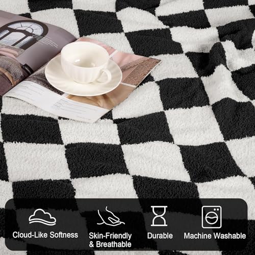 PHF Checkered Twin Blanket, Soft Knit Fluffy Aestheic Grid Blanket, Cozy Lightweight Checkerboard Fleece Blanket for Couch Bed Sofa, Sage Green, 60" x 80"