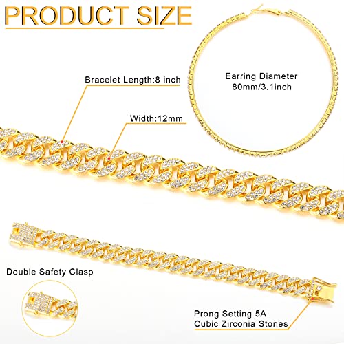 Batiyeer Link Chain Necklace Bracelet Rhinestone Earrings Bling Necklace Bracelet Crystal Big Circle Earring for Women(Gold, 16 Inch)