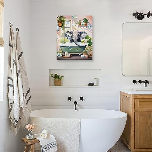 DOARTDO Elephant Bathroom Canvas Wall Art Funny Animal Pictures Print Elephant in Bathtub Painting Pink Background Toilet Decor Frame (11.00" x 14.00", Elephant - 2)