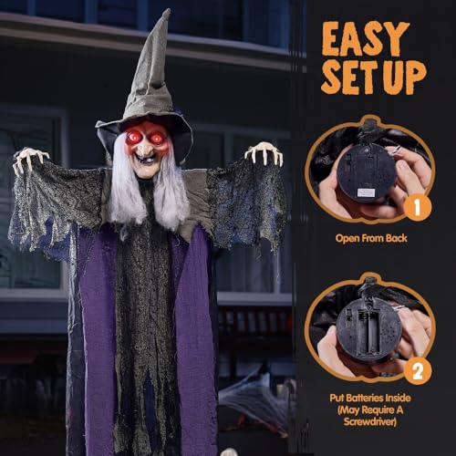 JOYIN 84” Hanging Talking Witch Halloween Decorations Outdoor Decor, Standing Flying Hover Witch Halloween Party Supplies Light Up Eyes Haunted House Front Porch Gard Yard Lawn