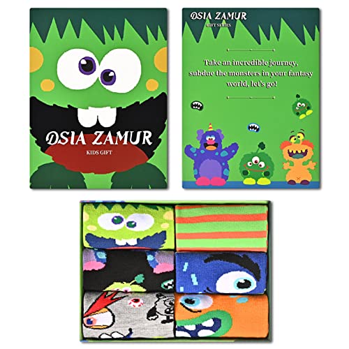 Dsia Zamur 6 Pack Novelty Kids Boys Monster Socks + Gift Box, Funny Crazy Eyes Colorful Athletic Halloween Christmas Stripe Calf Crew Socks for Girls Children Sons 2-4 Years