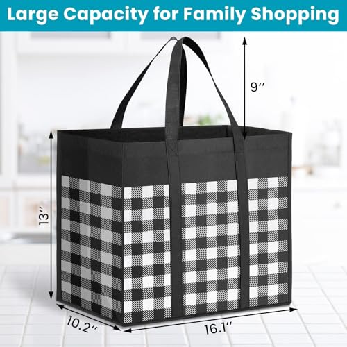WOWBOX Reusable Grocery Bags,4-Pack, Foldable Reusable Shopping Tote Bags bulk with Reinforced Handles,Large Storage Bags with Water Resistant Coating for Groceries,Multipurpose,Black-White