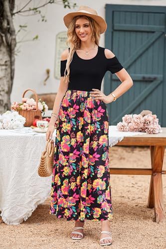 STYLEWORD Womens Dress Summer Floral Wedding Guest Maxi Long Boho Cold Shoulder Casual Plus Size 2025(Floral21,S)