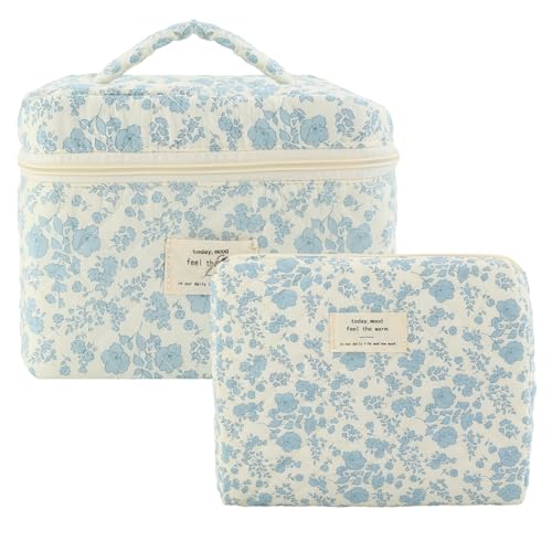 LYDZTION 2PCS Floral Quilted Makeup Bag Set for Women,Cosmetic Bag Coquette Travel Makeup Bag Pouch Cute Cotton Aesthetic Makeup Organizer Bag Large Travel Essentials for Women-Floral