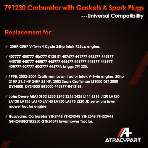 791230 Carburetor, Compatible with 20HP 21HP 23HP 24HP 25HP 4 Cycle V-Twin Engines 405777 406777 407777, John Deere MIA10632 LA150 LA130 L120 with Filters, Replaces#: 799230, 699709, 499804