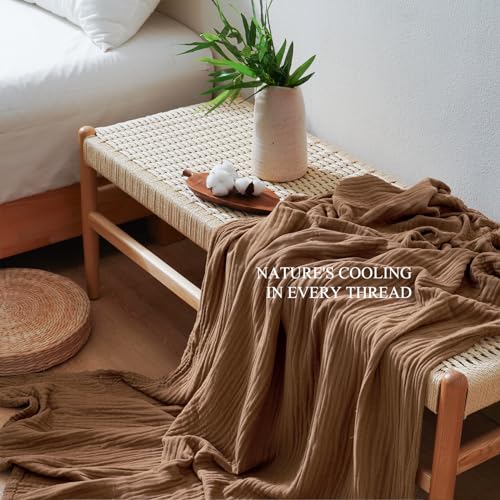 PHF Cooling Muslin Throw Blanket for Hot Sleepers, 60% Rayon Derived from Bamboo, 40% Cotton Blanket for Summer, 4-Layer Breathable Gauze Blanket for Bed Couch, 50"x60", Brown