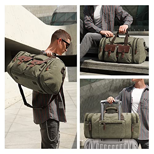Wildroad 50L Travel Duffel Bag, Expandable Canvas Genuine Leather Duffle Bag Upgraded Overnight Weekender Bag Carry on Bag