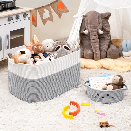 Goodpick Toy Basket, Large Basket Blanket Storage for Living Room, Baskets for Gifts Empty, Nursery Laundry Basket for Dirty Clothes Pillows Towel, 21.6" x 14.9" x 11.8", White & Grey