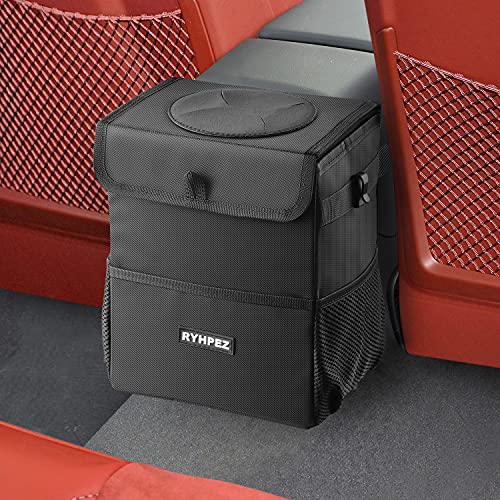 Ryhpez Car Trash Can with Lid - Car Trash Bag Hanging with Storage Pockets, Leakproof Collapsible Garbage Can with Solid Structure Support (Upgraded Version)