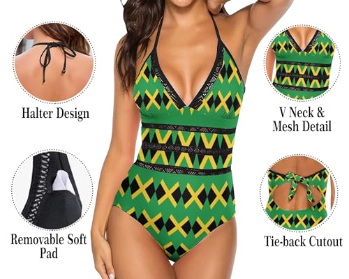 Leoparts Women's Halter One Piece Swimsuit Mexican Flag V Neck High Cut Bathing Suits Swimwear