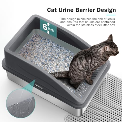 Enclosed Stainless Steel Cat Litter Box with Lid, XL Extra Large Litter Box for Big Cats with Cat Mat and All-Metal Litter Scoop (Beige, X-Large)
